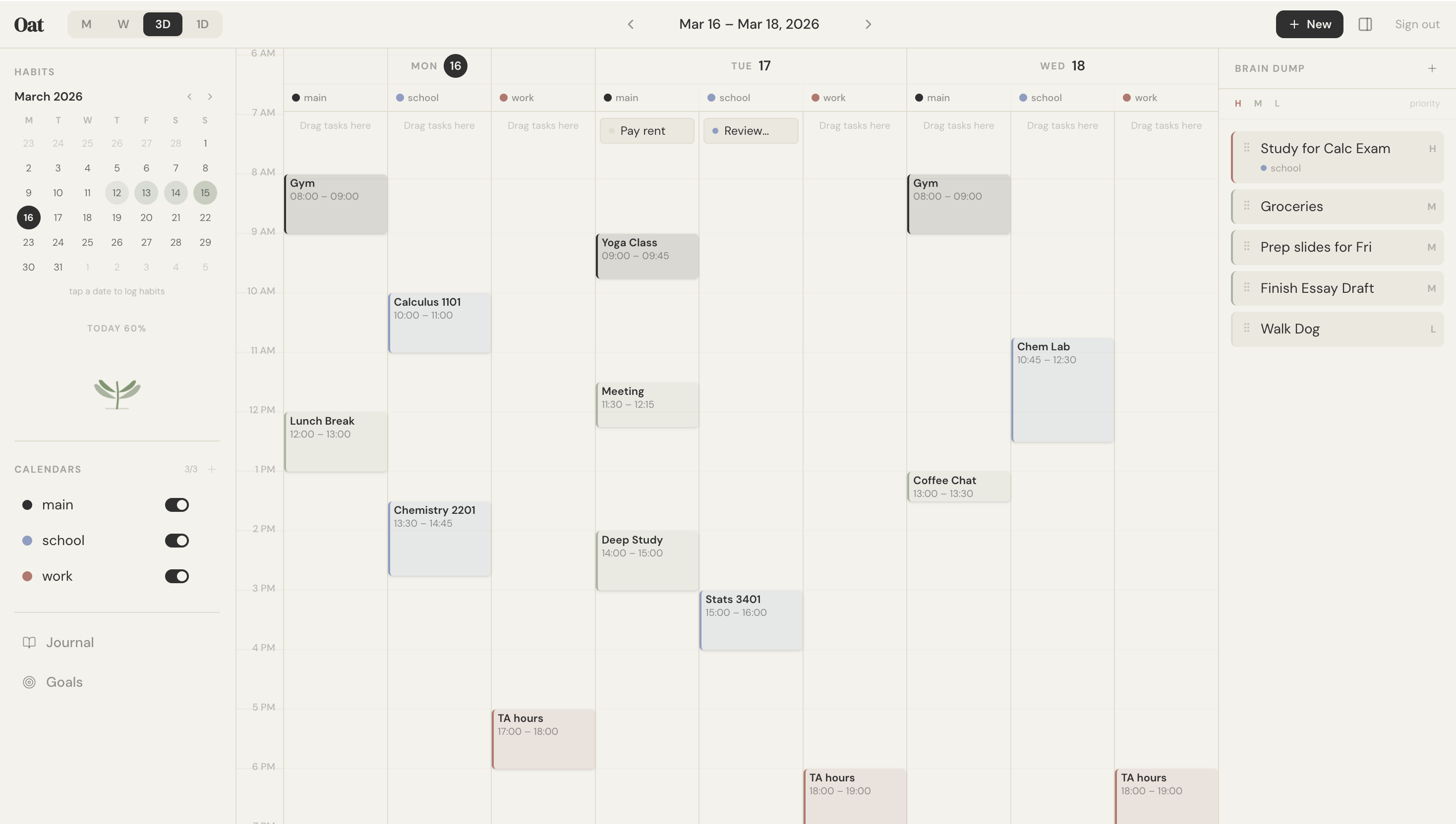 Oat calendar app — 3-day view